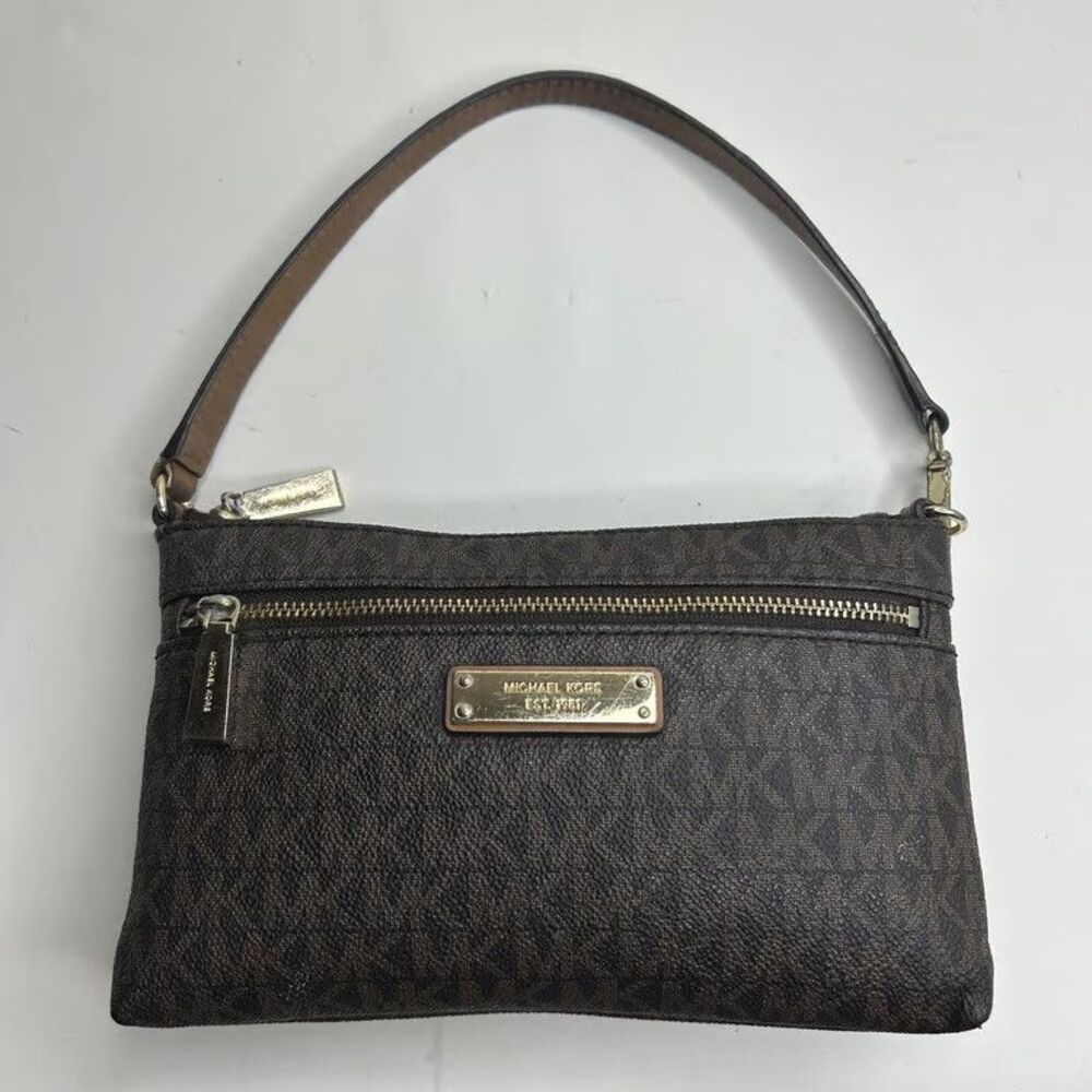 Michael Kors MK Signature Logo Wristlet Pouch Brown Coated Canvas Gold Tone